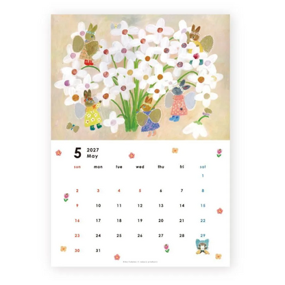 A single-page illustrated calendar spread with a floral bunny scene across the top half and a May 2027 calendar grid on the bottom half, shown on a plain white background.