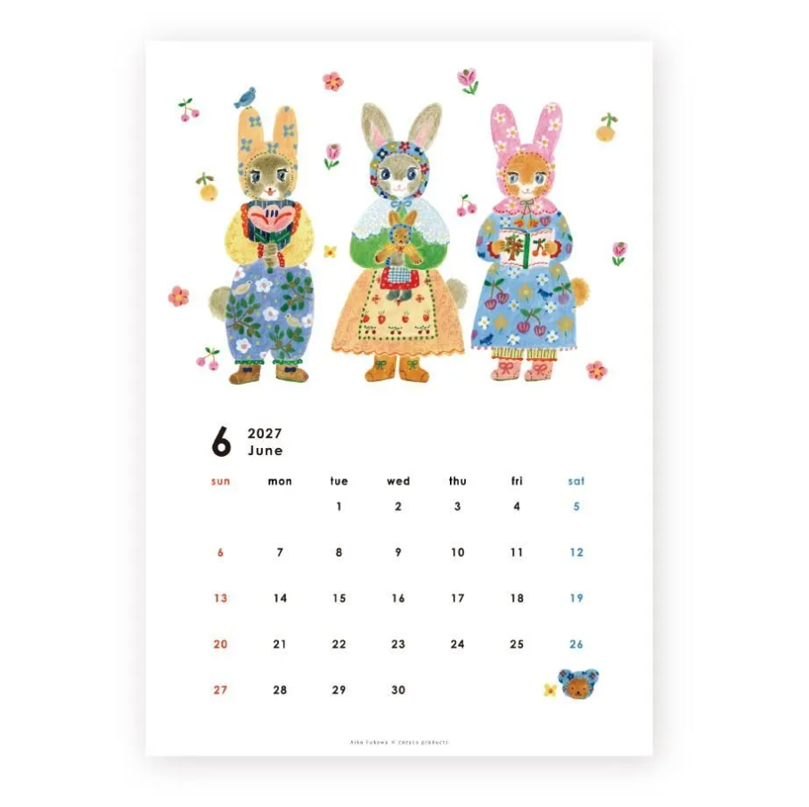 A vertical calendar page featuring three whimsical illustrated rabbits in colorful floral clothing on a white background, with a June 2027 calendar grid printed below. 