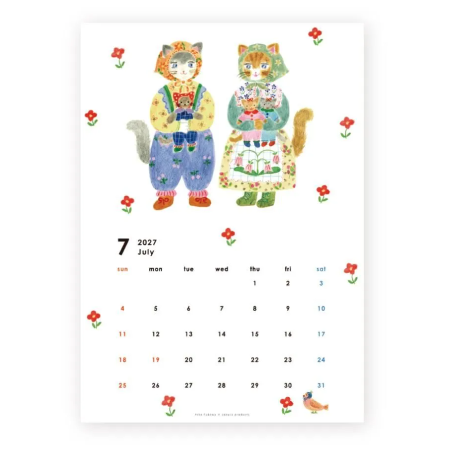 A vertical calendar page featuring a watercolor illustration of two cats in colorful folk-style clothing, surrounded by small red flowers, with a July 2027 calendar grid at the bottom.