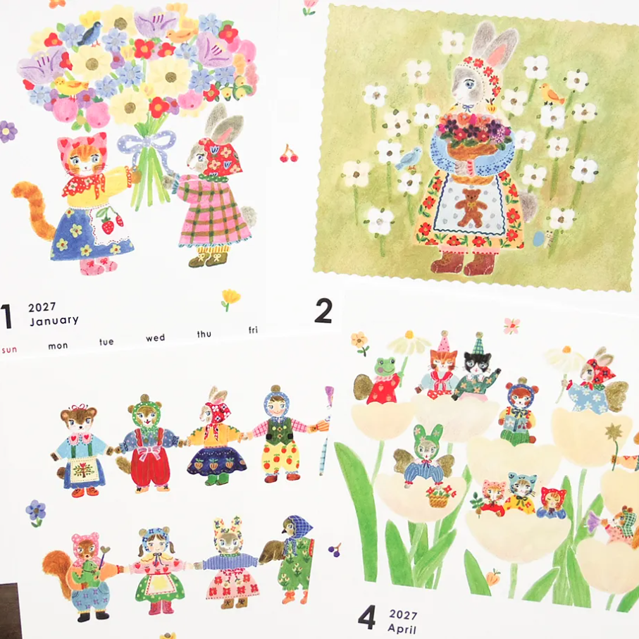 Four illustrated calendar pages from a whimsical calendar, showing floral and animal scenes with cats, rabbits, flowers, and small characters in colorful clothing. The pages include dates for January and April and are arranged on a white background.