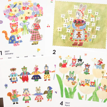 Four illustrated calendar pages from a whimsical calendar, showing floral and animal scenes with cats, rabbits, flowers, and small characters in colorful clothing. The pages include dates for January and April and are arranged on a white background.
