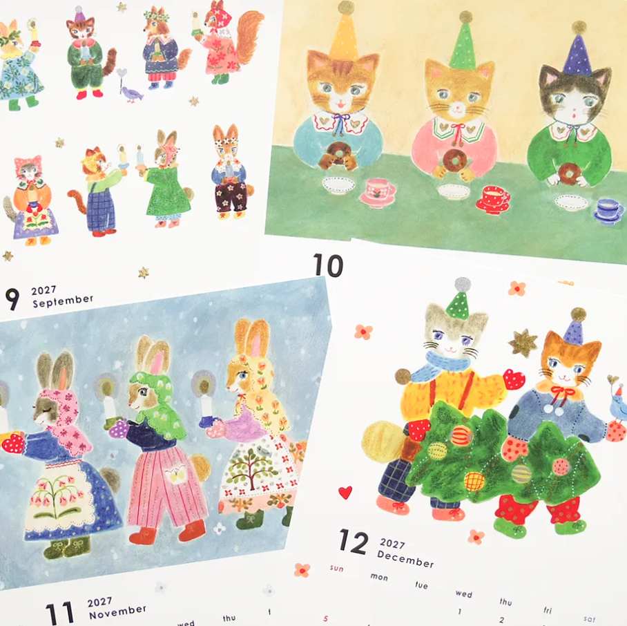 Four illustrated calendar pages showing festive cat and bunny characters in colorful holiday outfits, with dates visible for September, November, and December.