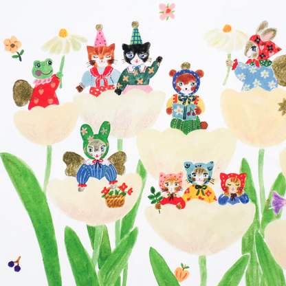 A whimsical watercolor-style illustration featuring small anthropomorphic animals sitting inside large cream-colored tulips. The characters include a green frog, orange and black cats, a rabbit, bears, a fairy, and other playful creatures, with green stems and leaves surrounding them on a white background.