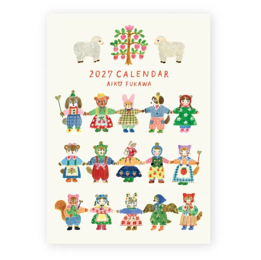 A 2027 calendar cover by Aiko Fukawa featuring whimsical illustrated characters and animals in a folk-art style on an off-white background.