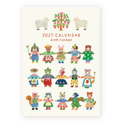 A 2027 calendar cover by Aiko Fukawa featuring whimsical illustrated characters and animals in a folk-art style on an off-white background.