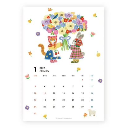 A monthly calendar page for January 2027 with a whimsical watercolor illustration of a cat and rabbit sharing a large bouquet of flowers. The page has a white background with small scattered floral accents and a small sheep illustration in the bottom right corner.