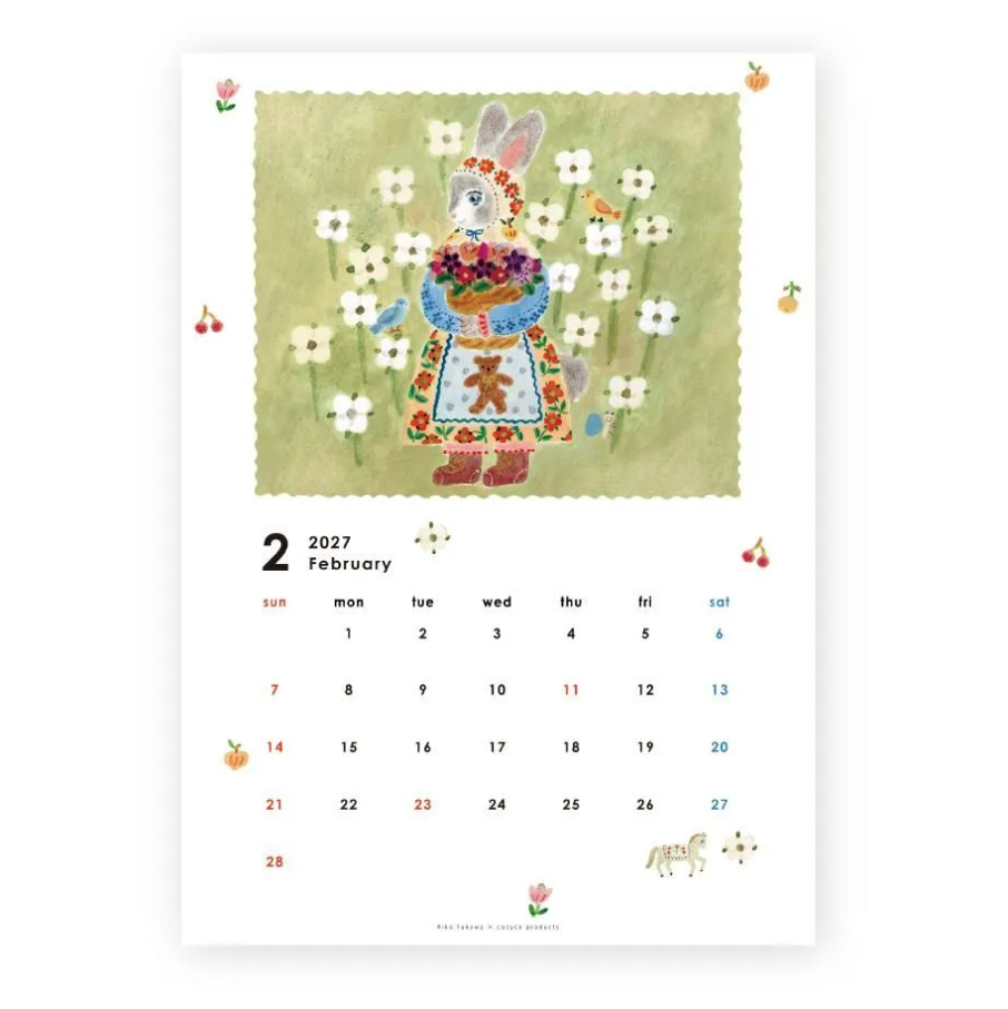 A single-page illustrated calendar spread with a large pastel artwork of a rabbit surrounded by white flowers on a light green background, plus a February 2027 calendar grid below. 