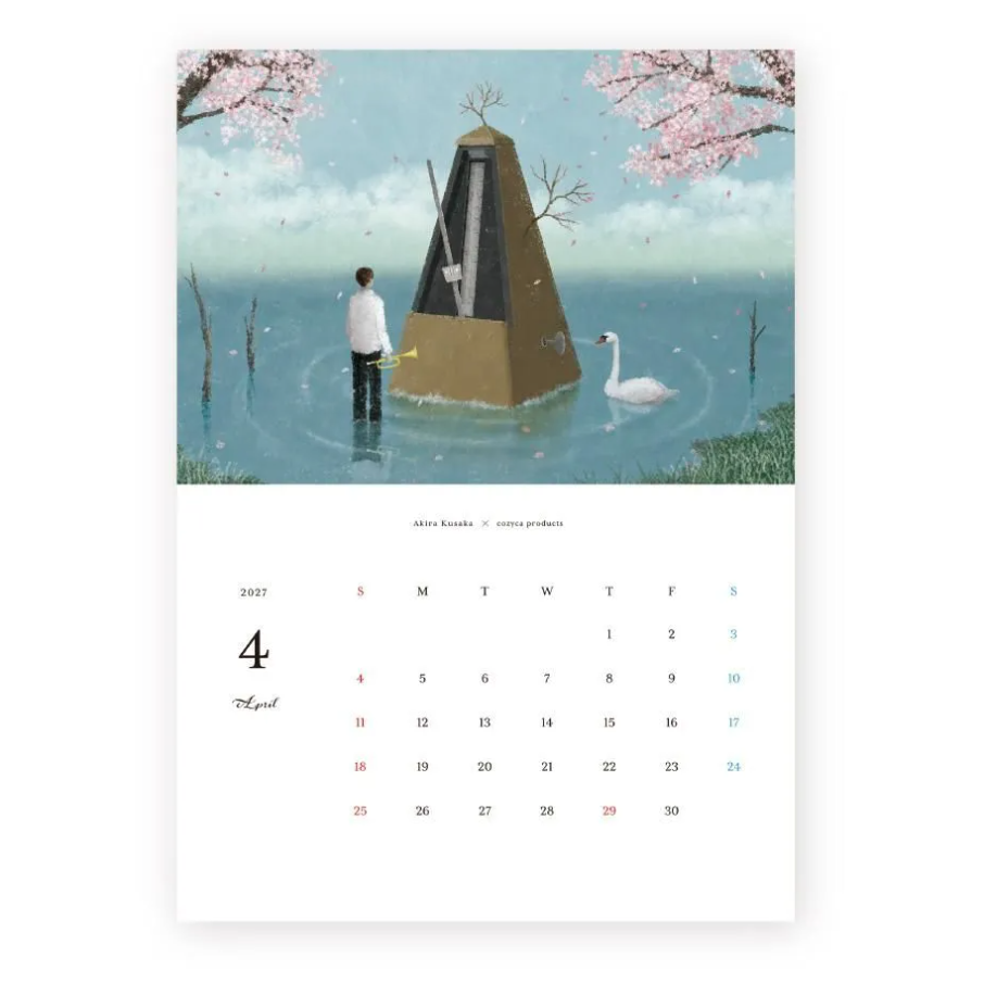 A single-page art calendar spread on a white background. The top half shows an illustrated scene with cherry blossoms, a person standing in shallow water near a large metronome, a white swan, and a pink sky.