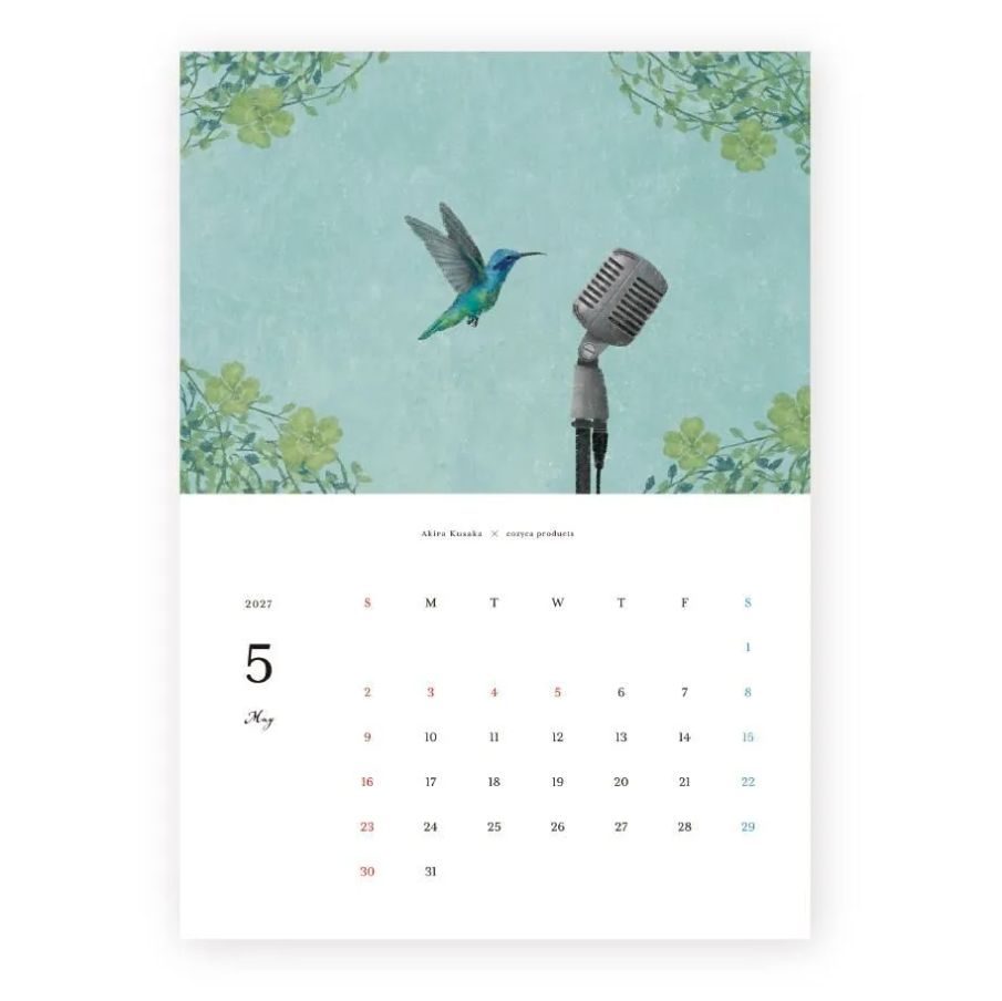 A monthly calendar page featuring a watercolor illustration of a hummingbird and a vintage microphone against a light teal background with green leaves, with the calendar grid starting below the artwork.