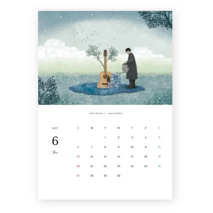 A vertical wall calendar page featuring an illustrated scene at the top with a person watering a tree beside a guitar in a blue landscape, and a monthly calendar grid for June at the bottom.