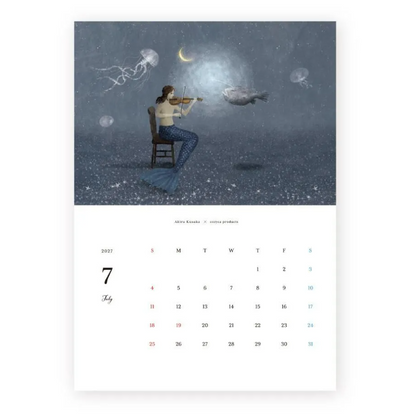 A vertical calendar page featuring an illustrated underwater scene with a mermaid playing a violin, jellyfish, a fish, and a crescent moon in a dark blue ocean, above a white calendar grid for July.