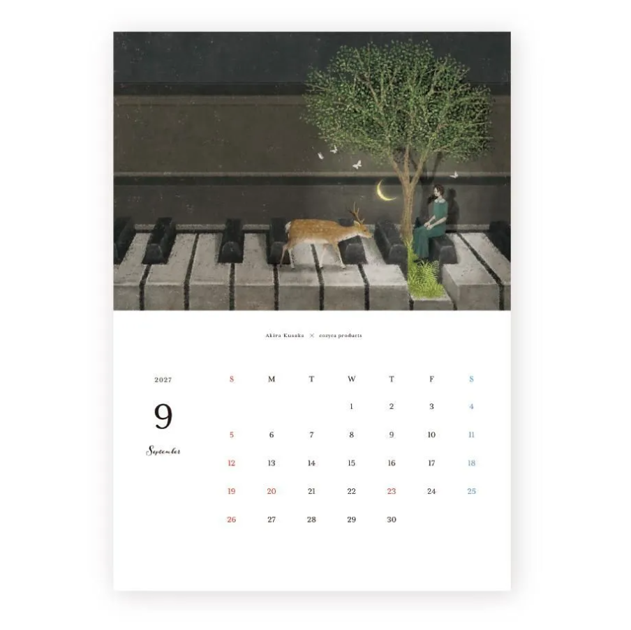 A wall calendar page featuring an illustrated September layout. The top portion shows a surreal artwork of piano keys, a tree, a deer, birds, and a seated figure under a crescent moon.