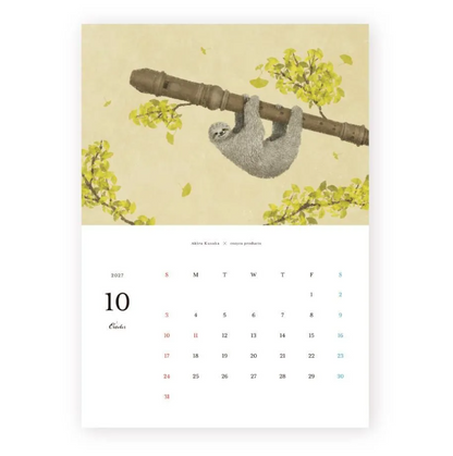 A vertical wall calendar page featuring a sloth hanging from a tree branch with yellow-green leaves on a beige background, with a calendar grid below.