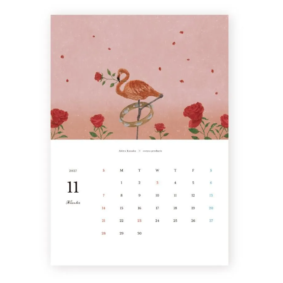 A single-page desk calendar with a pink watercolor illustration of a flamingo and red roses on the upper section, and a white lower section showing the month of November 2027.