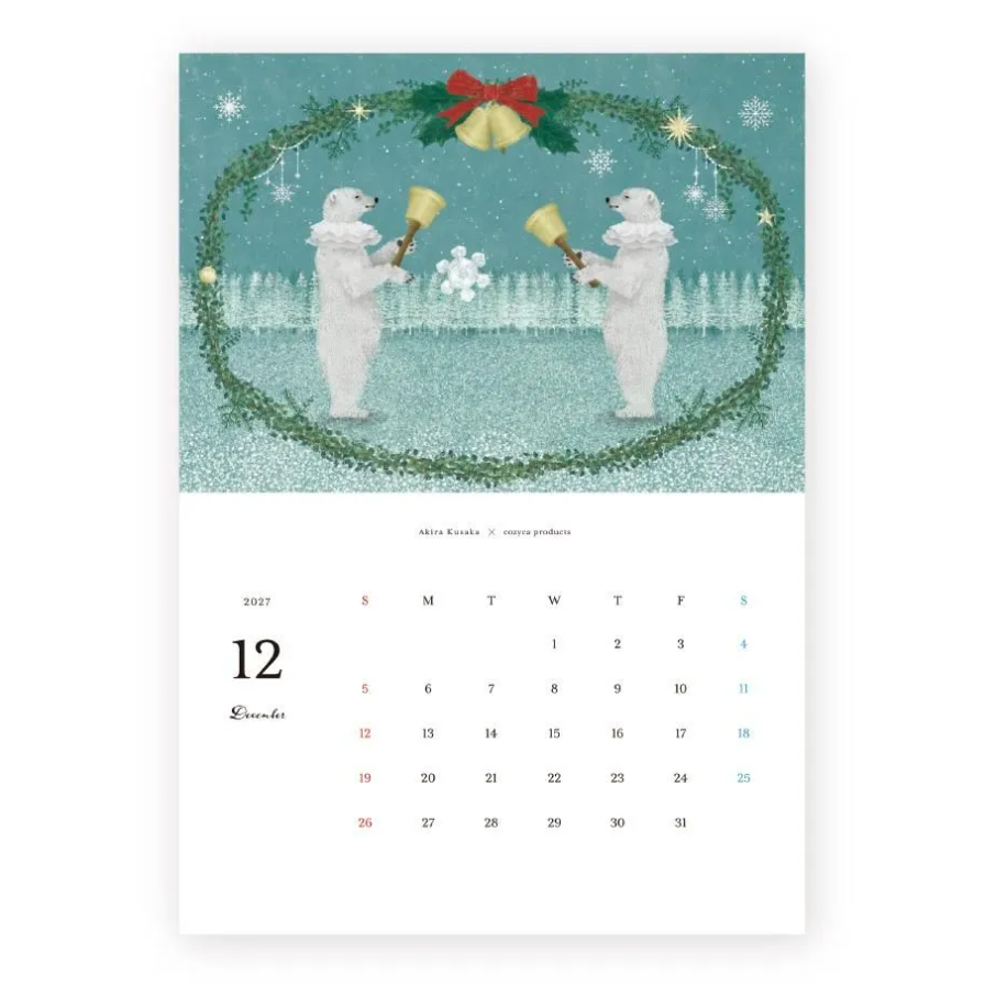 A vertical calendar page featuring a winter holiday illustration above a monthly calendar grid. The top portion shows two polar bears inside a green wreath with a red bow and gold bells on a teal snowy background.