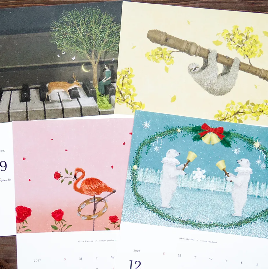 Four illustrated calendar pages arranged on a wooden surface, featuring whimsical scenes: a piano-key deer, a sloth on a recorder instrument branch, a pink flamingo with red roses and a tambourine, and two polar bears in a snowy wreath with bells.