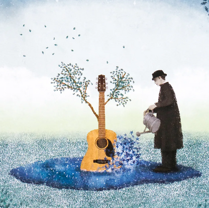 A whimsical illustrated scene shows a person in a dark coat and hat watering a small blue flower patch with a silver watering can. A yellow acoustic guitar stands in the water, with a tree growing from the guitar and blue leaves flying in the sky above.