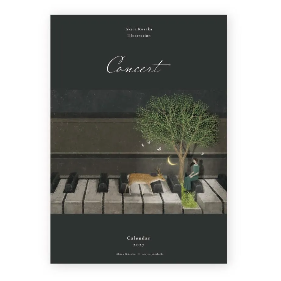 A square illustrated calendar cover titled "Concert" with the text "Akira Kusawa Illustration" and "Calendar 2027" visible. The artwork shows piano keys forming a bridge, a tree, a deer, birds, a crescent moon, and a seated figure against a dark background.