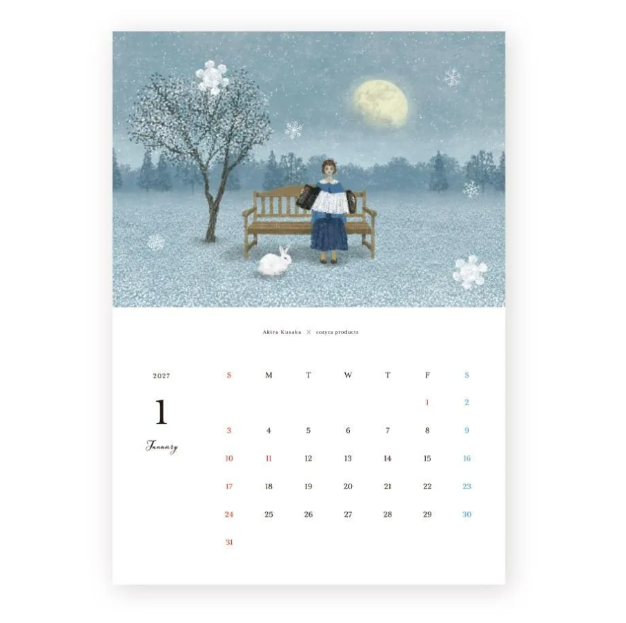 A single-page illustrated calendar spread with a winter scene on the top half and a calendar grid on the bottom half. The artwork shows a snowy landscape, a bench, a woman standing near it, a rabbit, and a large moon, while the lower section displays the date January 2027 and the rest of the month.