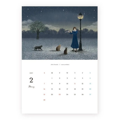 A single-page wall calendar spread showing the month of February. The top half features an illustrated winter night scene with a woman in a blue dress standing beside a lit streetlamp, with three cats on a snowy ground under a starry sky.