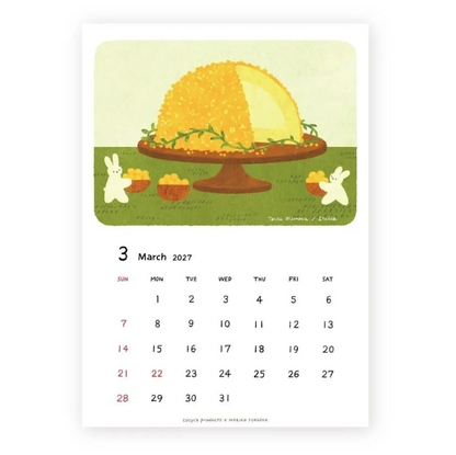 A minimalist calendar page featuring an illustration of a decorated Easter cake on a pedestal with bunnies and eggs, above a March 2027 calendar grid.