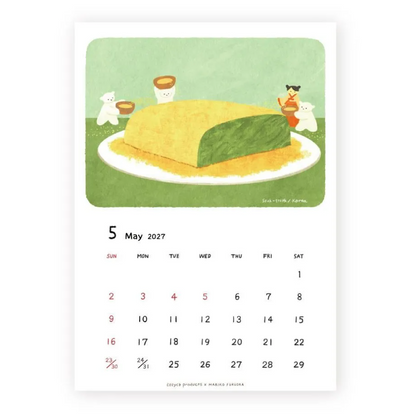 Calendar page for May 2027 with a cartoon illustration of a matcha cake on a green background.