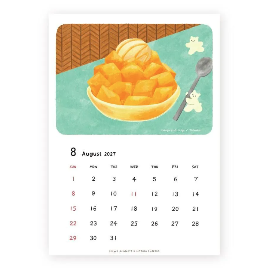 A monthly calendar page featuring an illustration of a bowl of mango bingsu on a teal table, with a calendar grid for August 2027 below.