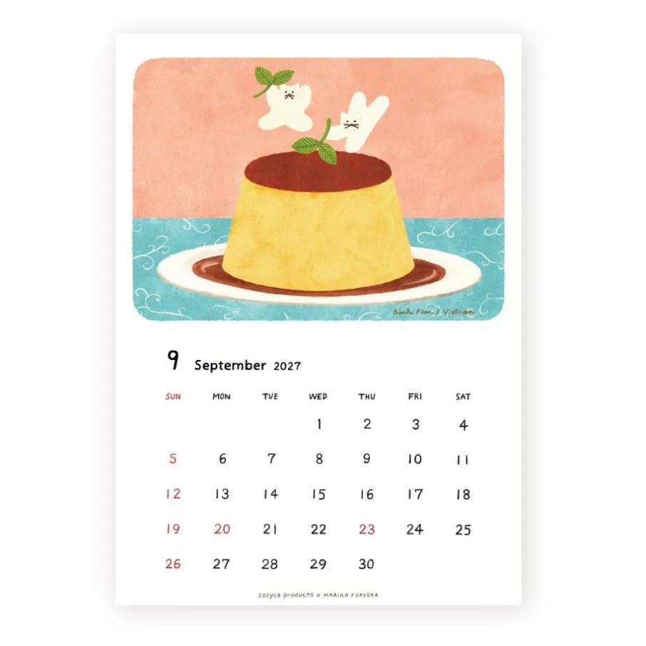 A single-page illustrated calendar page showing September 2027 with a watercolor-style drawing of a flan or custard dessert topped with mint on a peach, teal, and cream background. Small artist text appears near the illustration, and the calendar grid is printed below.