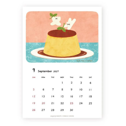 A single-page illustrated calendar page showing September 2027 with a watercolor-style drawing of a flan or custard dessert topped with mint on a peach, teal, and cream background. Small artist text appears near the illustration, and the calendar grid is printed below.
