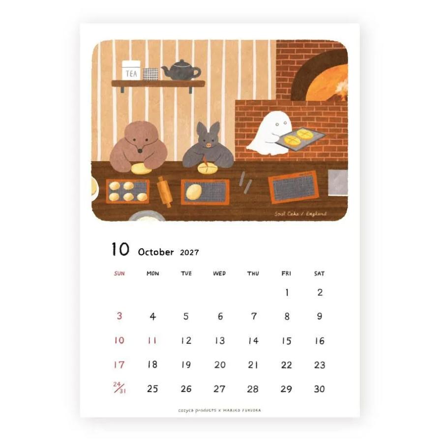 A single-page illustrated calendar page showing October 2027 in a clean white layout. The top portion contains a warm-toned cartoon kitchen scene with a mole, bat, ghost, and baking oven.