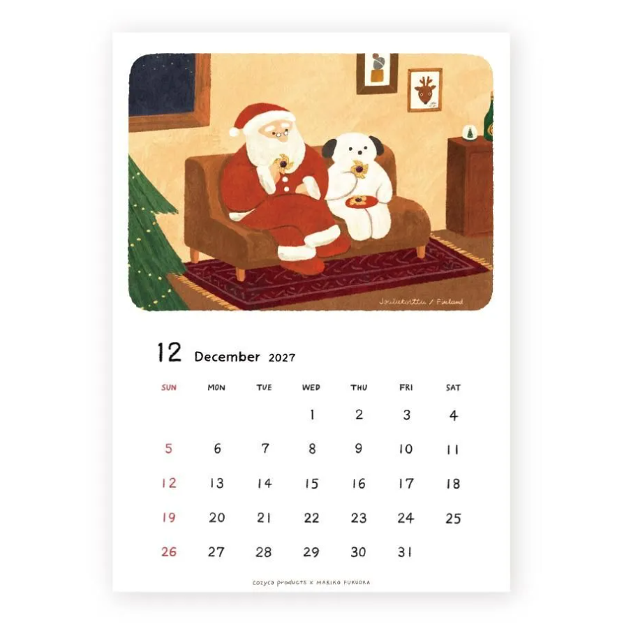 December 2027 calendar with Santa Claus and a dog on a couch eating cookies.