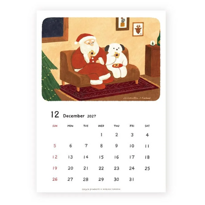 December 2027 calendar with Santa Claus and a dog on a couch eating cookies.