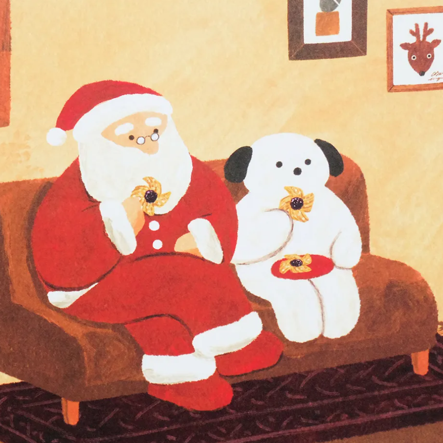 A cozy illustrated scene of Santa Claus and a white dog sitting on a brown couch, each holding a small sunflower. The background shows a warm beige wall with framed pictures.