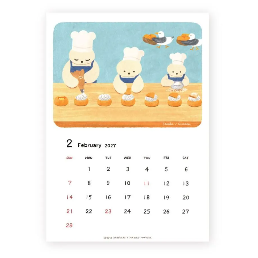 A vertical monthly calendar page featuring a cute illustration of three bear characters baking pastries above a printed calendar grid for February 2027. 