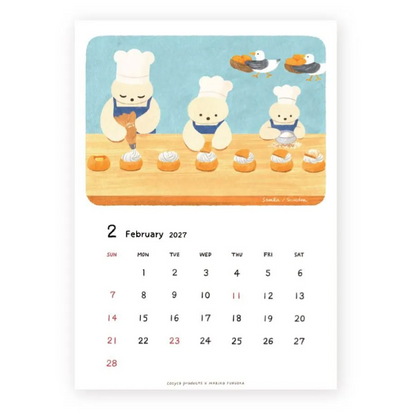 A vertical monthly calendar page featuring a cute illustration of three bear characters baking pastries above a printed calendar grid for February 2027. 