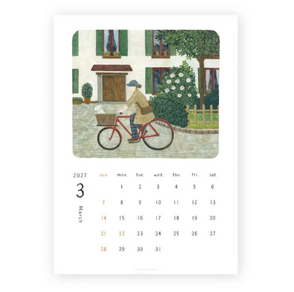 Calendar for March 2027 with an illustration of a person on a bicycle.