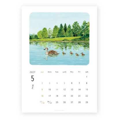 Calendar with a illustration of ducks on a lake and trees, for the month of May 2027.