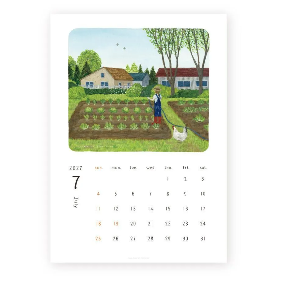 A single-page calendar print showing July 2027 with a large illustrated vegetable patch scene at the top and a numbered days-of-the-week grid below on a white page.