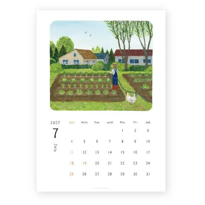 A single-page calendar print showing July 2027 with a large illustrated vegetable patch scene at the top and a numbered days-of-the-week grid below on a white page.