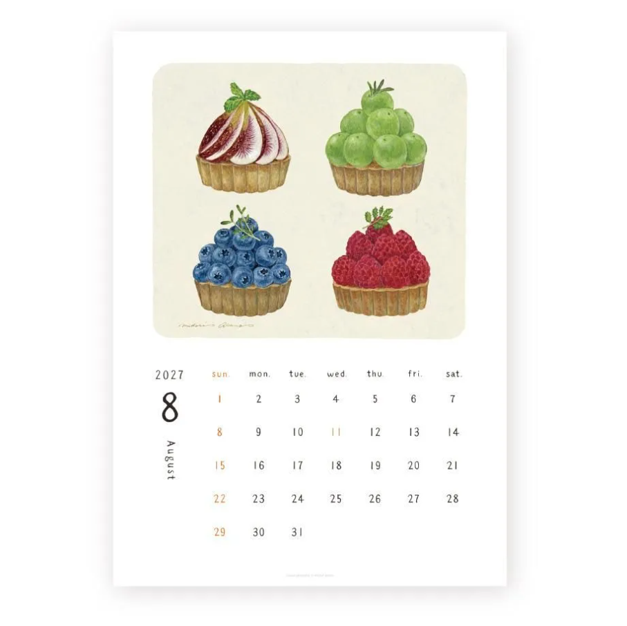 A single-page calendar print showing August 2027 with four illustrated fruit tarts at the top and the days of the week below on a white background.