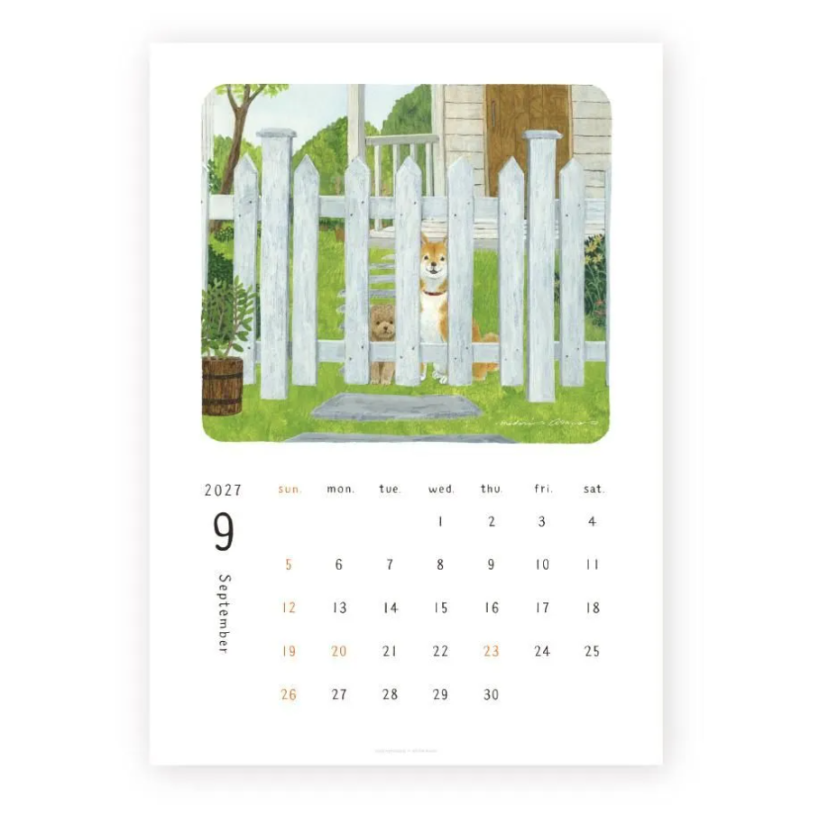 A single-page September 2027 calendar print featuring an illustrated scene of a Shiba Inu dog behind a white picket fence in a garden, with the calendar dates printed below on a white background.