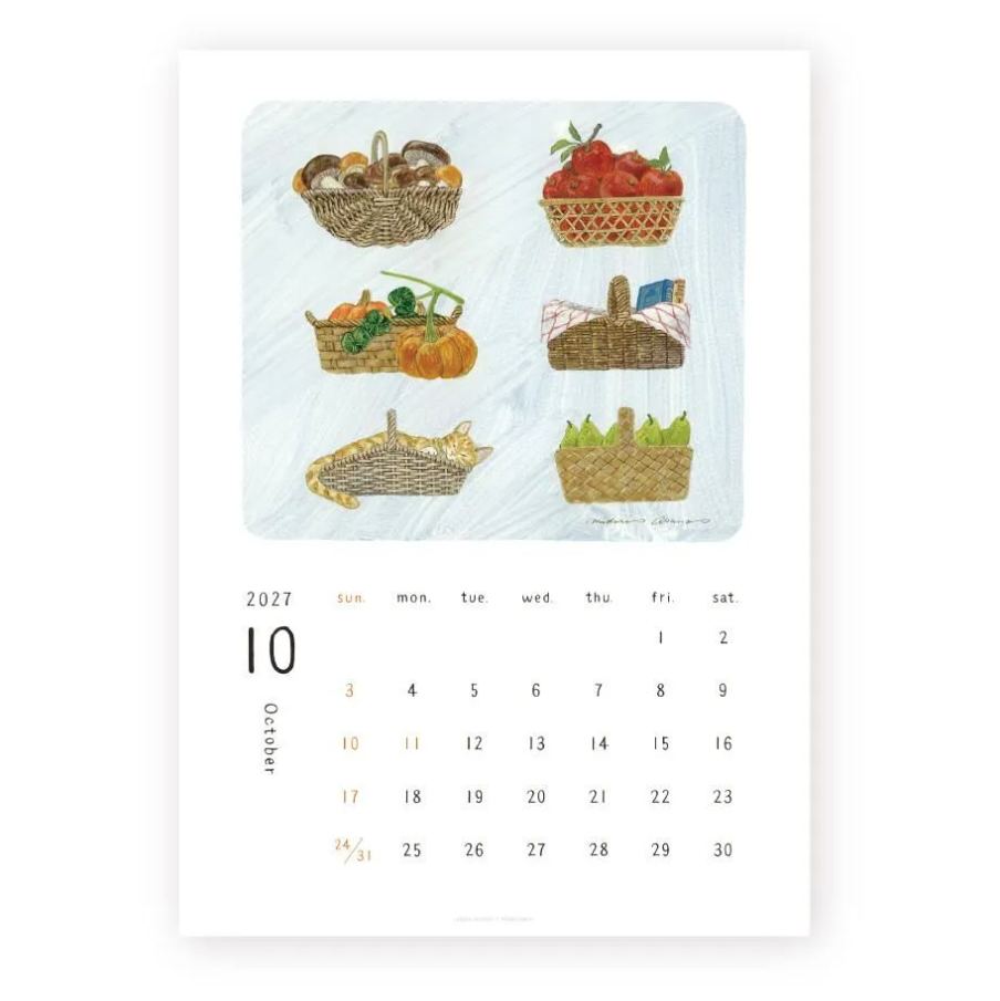 A single-page calendar print showing October 2027 with six illustrated autumn baskets and produce on a pale blue background, above a white calendar grid. The artwork is centered on a clean white background.