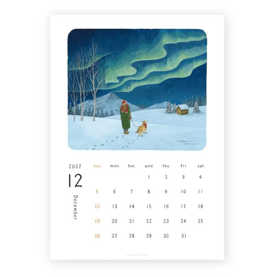 Calendar for December 2027 with a winter scene illustration of a person and dog walking under the Northern Lights.