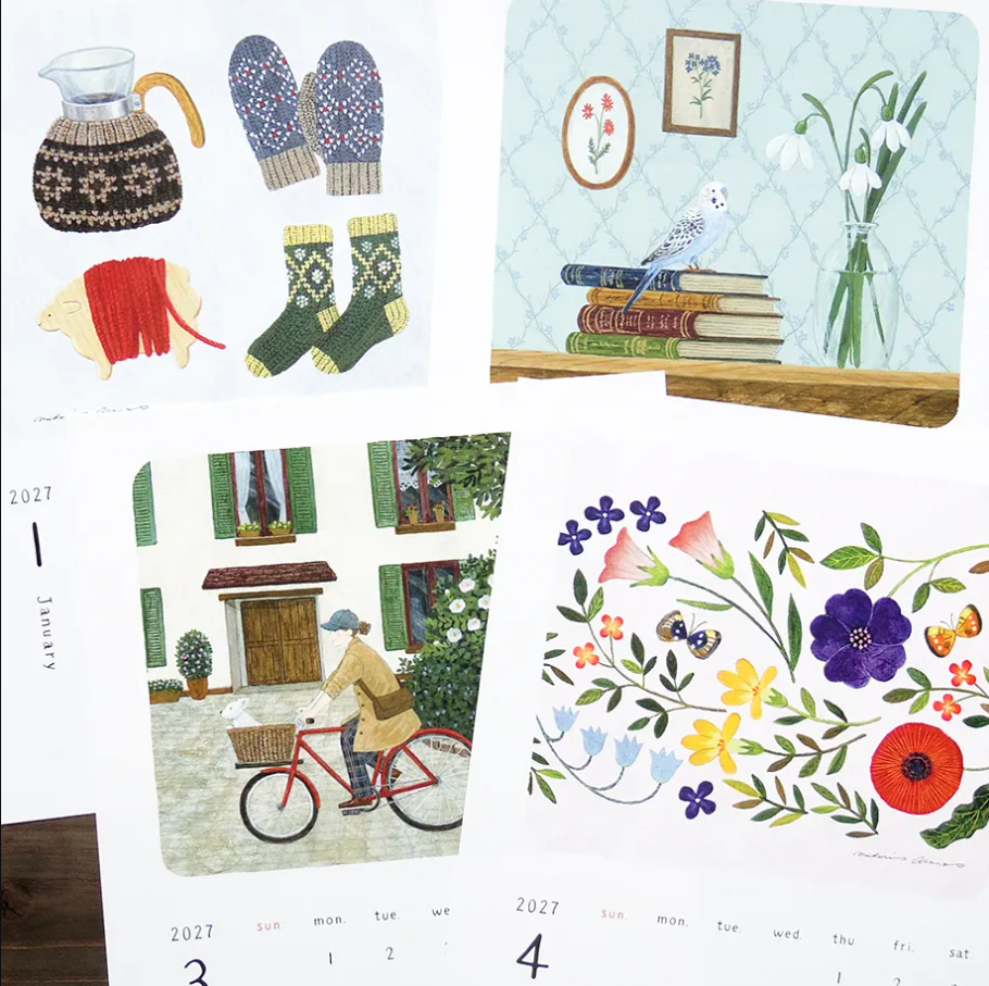 A collage of illustrated calendar pages showing cozy winter scenes and floral designs. One page includes a pitcher, knit mittens, patterned socks, a bird on stacked books, and a vase of lilies.