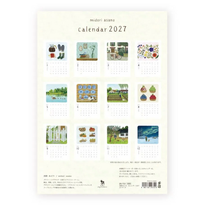 A 2027 wall calendar page by midori asano, featuring 12 illustrated monthly grids with nature, home, and travel scenes on a cream background with Japanese text.