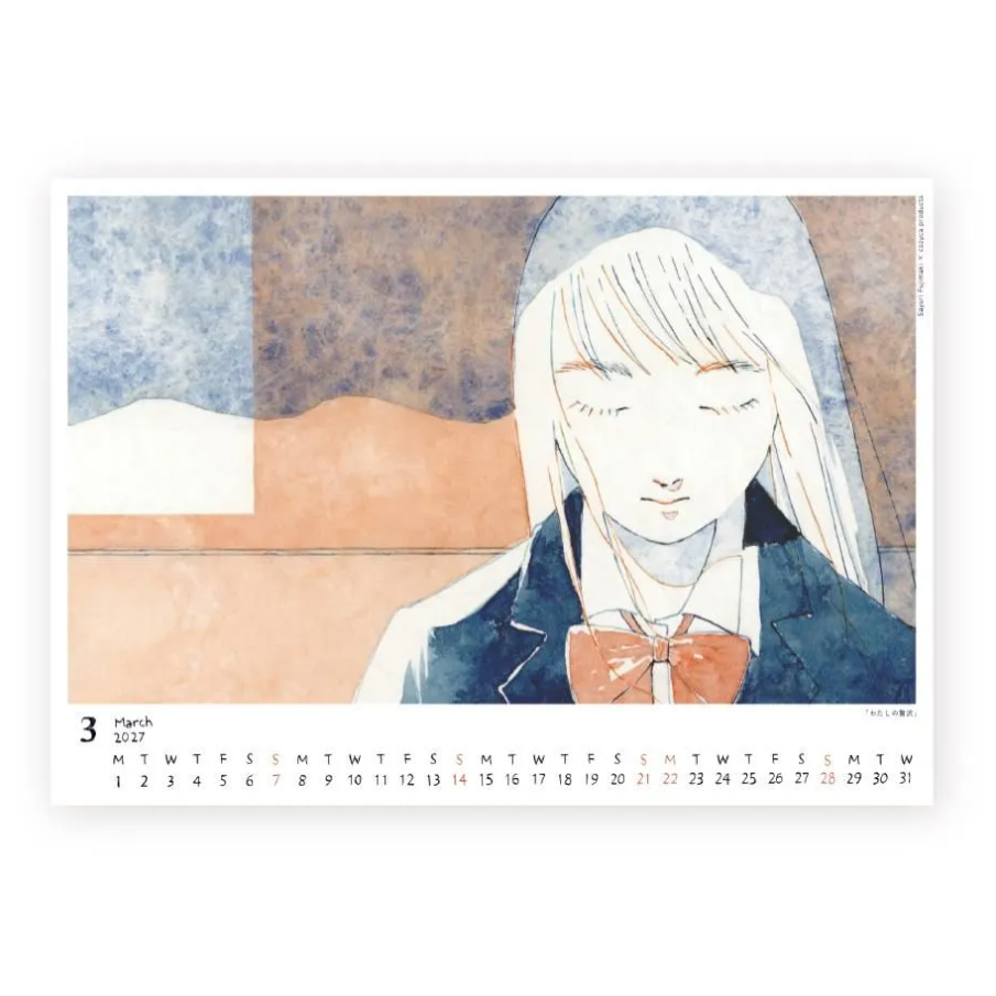 A wall calendar page featuring an illustrated portrait of a young woman with closed eyes, white hair, and a dark blazer with a brown bow tie. The left side includes a March 2027 calendar grid with days of the week and numbers.