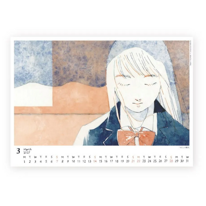 A wall calendar page featuring an illustrated portrait of a young woman with closed eyes, white hair, and a dark blazer with a brown bow tie. The left side includes a March 2027 calendar grid with days of the week and numbers.