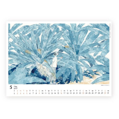 A monthly calendar page featuring a watercolor-style illustration of a woman among large blue agaves. The calendar is labeled May 2027 and includes a grid of days along the bottom on a white background.