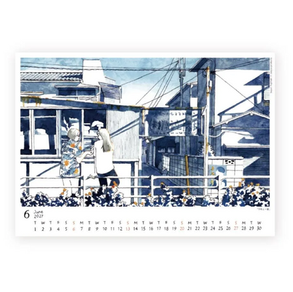A Japanese calendar page featuring a blue and white watercolor-style illustration of a street scene with buildings, wires, and two people walking. The bottom left shows the date June 2027 and a numbered day grid across the bottom.