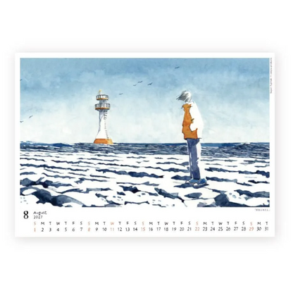 A watercolor-style calendar page showing a coastal scene with a lighthouse, snowy rocks, and a person standing in the ocean. The bottom of the page includes a monthly calendar grid for August 2027.